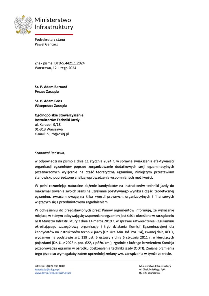 Stanowisko Zarządu Ogólnopolskiego Stowarzyszenia Instruktorów Techniki Jazdy w sprawie otrzymanej odpowiedzi z Ministerstwa Infrastruktury.